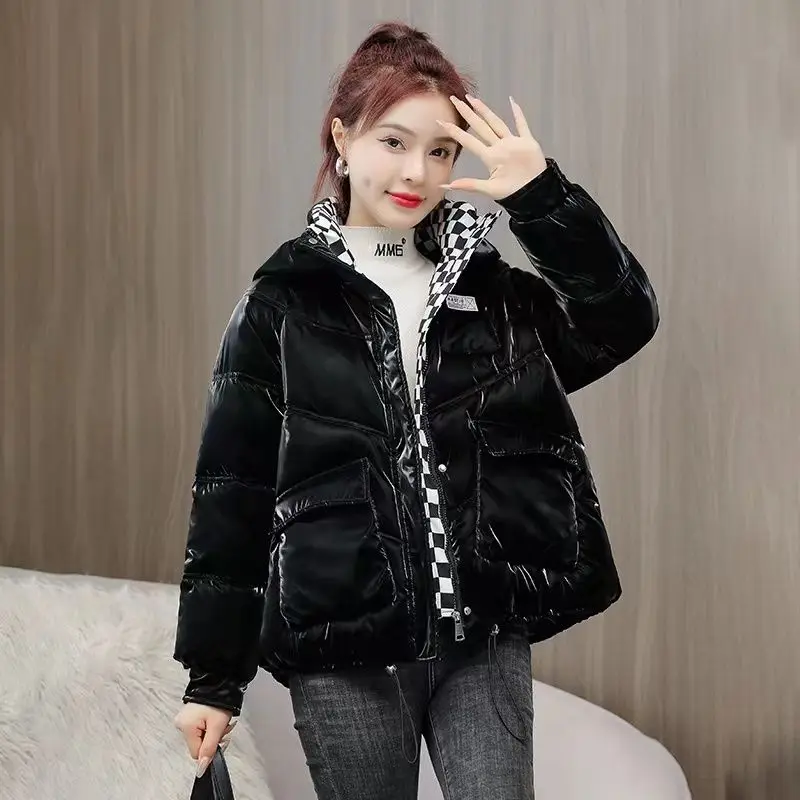 Short Parka Down Cotton-Padded Jacket Women\'s 2024 New Winter Jackets Red Fashion Glossy Cotton-Padded Jacket Student Coat White