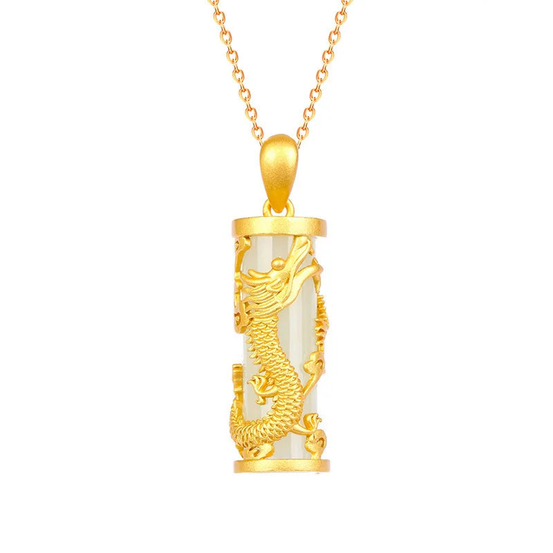 Natural Jade Dragon Phoenix Pendant Necklace Stone Vintage Designer 18K Gold Plated Real Jewelry Talismans Gifts for Women