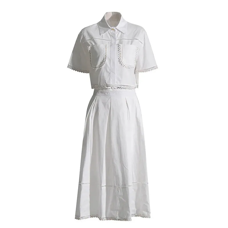 ECR Elegant Solid Two Piece Sets For Women Lapel Short Blouses High Waist A Line Dress Casual Loose Sets Female Fashion Clothing