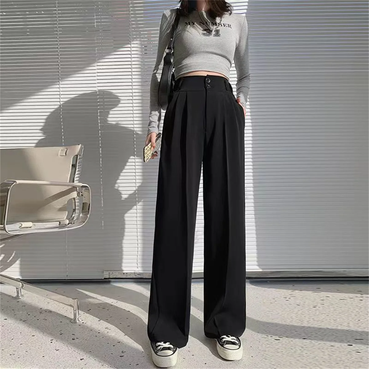 Fashion High Waist Wide Leg Pants Women Spring Fall Baggy Black Trouser Office Ladies Full Length Straight Suit Pant Outwear New