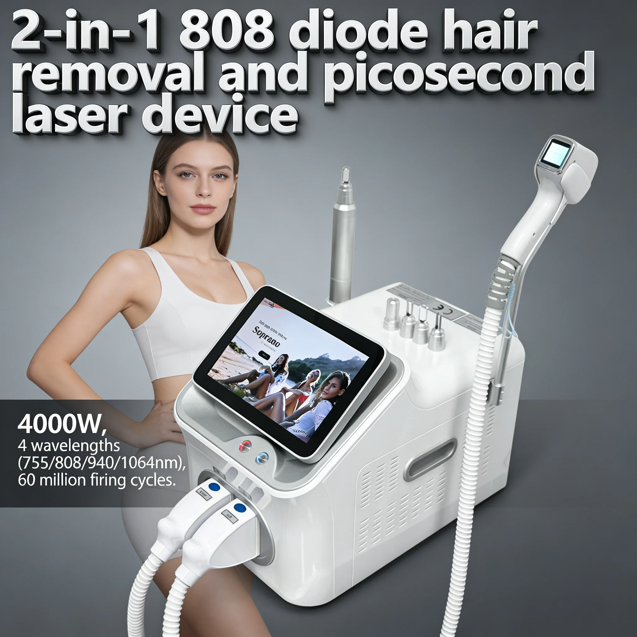 Portable 2 IN 1 Professional 4 808nm Diod808 Diode Laser Permanent Painless Hair Removal Picosecond Laser Tattoo Removal Machine