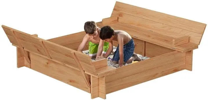 

Wooden Sandbox with Cover/Lid, Sand Box with 2 Bench Seats and Bottom Liner, Outdoor Sand Pit for Kids/Toddlers/Childrens, Perfe