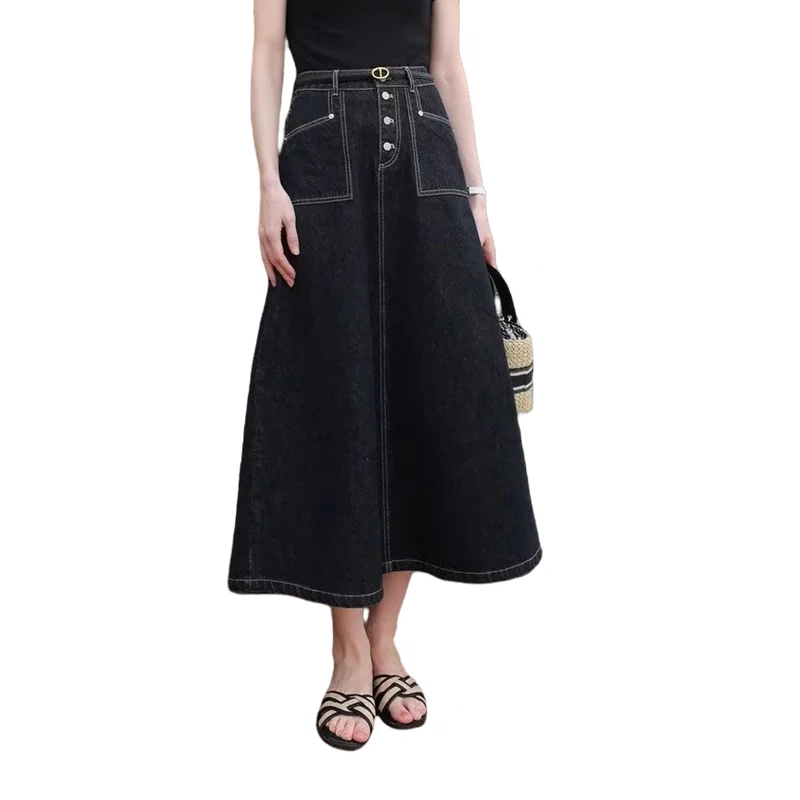 

Джинсовая юбка женская осенняя винтажная длинная юбка с высокой талией на одной пуговице женская повседневная джинсовая юбка в корейском стиле женские
