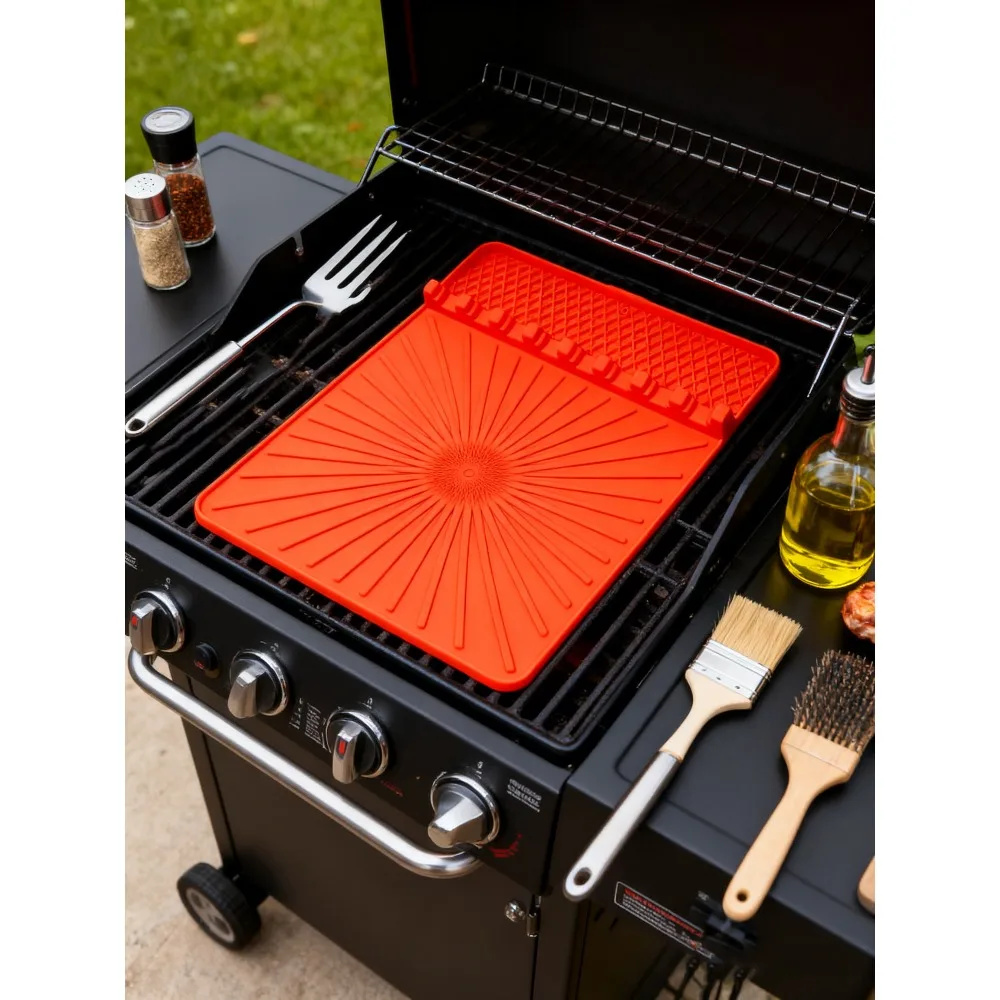 شواية سيليكون مع وسادة تنقيط، حصيرة ملعقة، أدوات ملحقات شواية الشواء للحجر الأسود، وسادة رف جانبية للمطبخ الخارجي