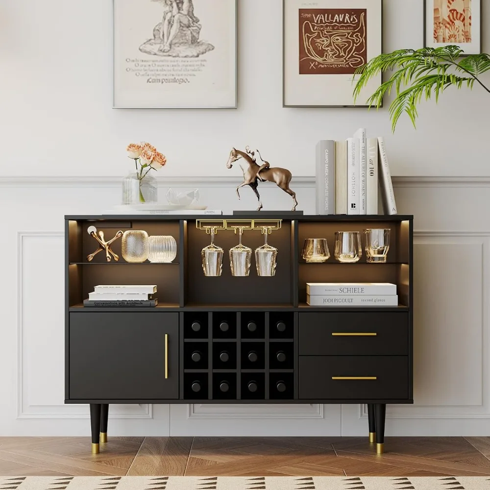 47 inch Bar Cabinet and Bar Table - LED Light Charging Station, Buffet Cabinet with Storage, Sideboard Cabinet, Coffee Bar