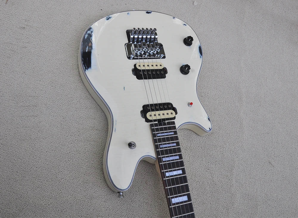 Left Hand 6 Strings White Relic Electric Guitar with Humbuckers Pickups,Rosewood Fretboard