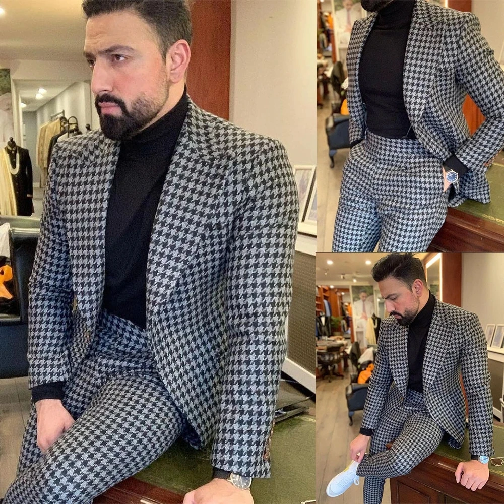 Grey Plaid Check Suits Men 2 Pieces Single Breasted Coat Pants Design Latest Groom Wear Wedding Tuxedo Traje De Hombre Elegante