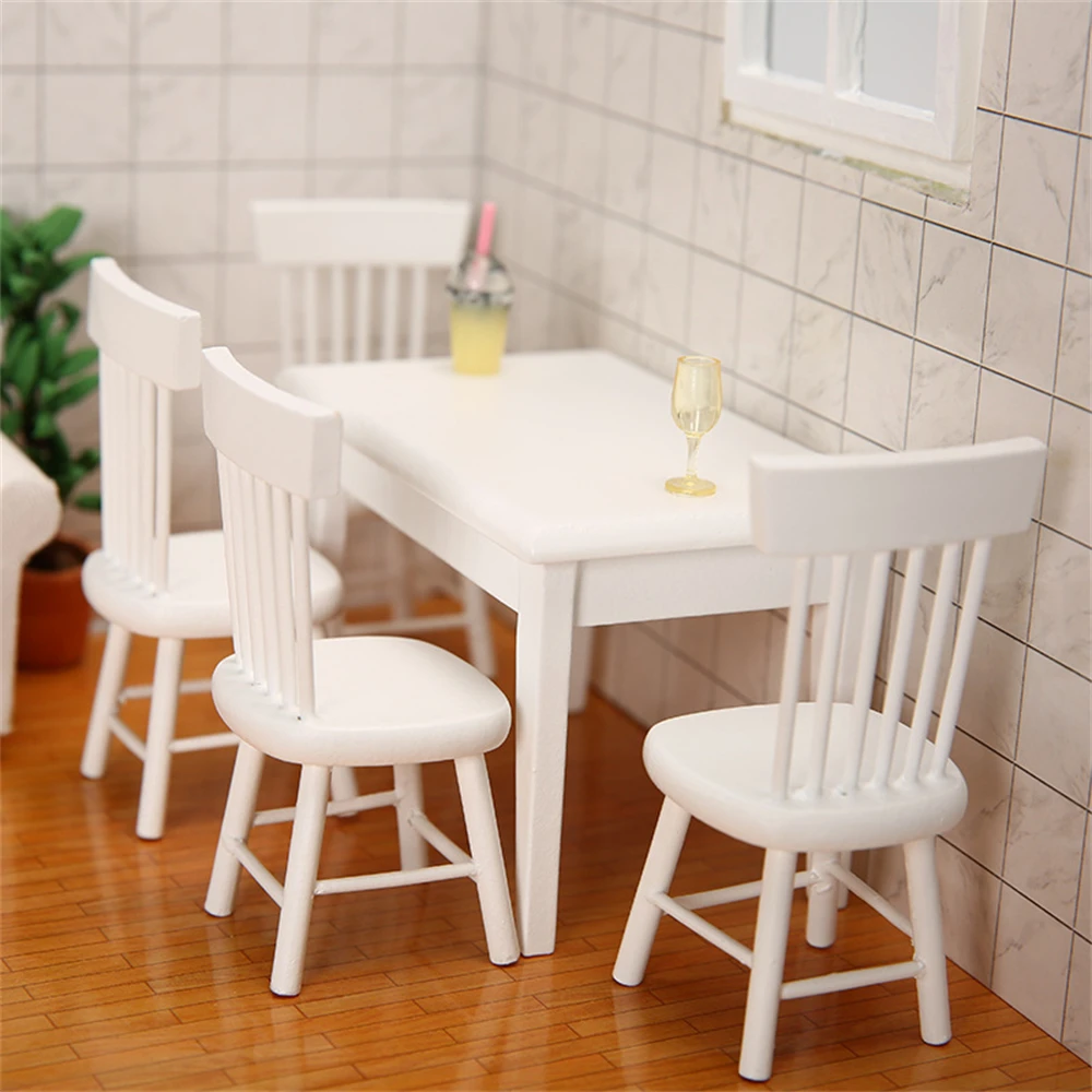 1/5PCS Miniature White Dining Table Chairs Scale Model Ornament Dollhouse 1:12 Mini Table Furniture Simulation Models DIY Crafts