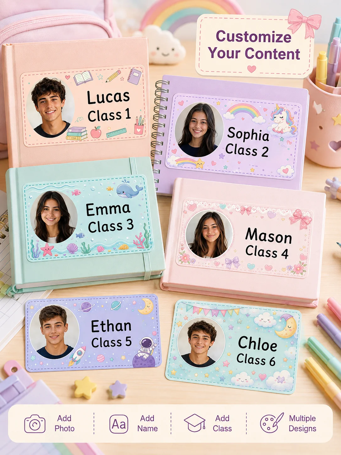 Customized Photo Name Class Stickers, Personalized Student Labels, Suitable for Books, Notebooks, Pencil Cases, Water Bottles, Lunch Boxes, and School Supplies