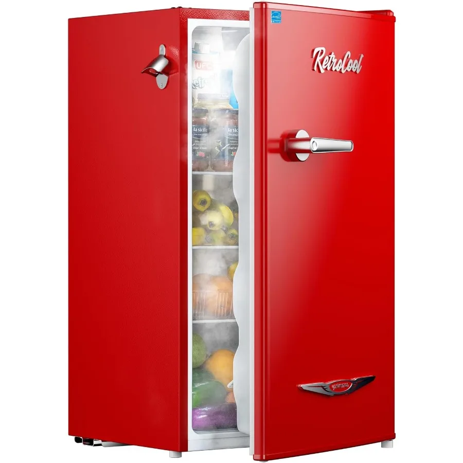 3,2 Cu.Ft Retro-Minikühlschrank mit Flaschenöffner für Schlafzimmer, Büro, Wohnheim, energiesparendes Design, verstellbarer Thermostat, Metallgriff