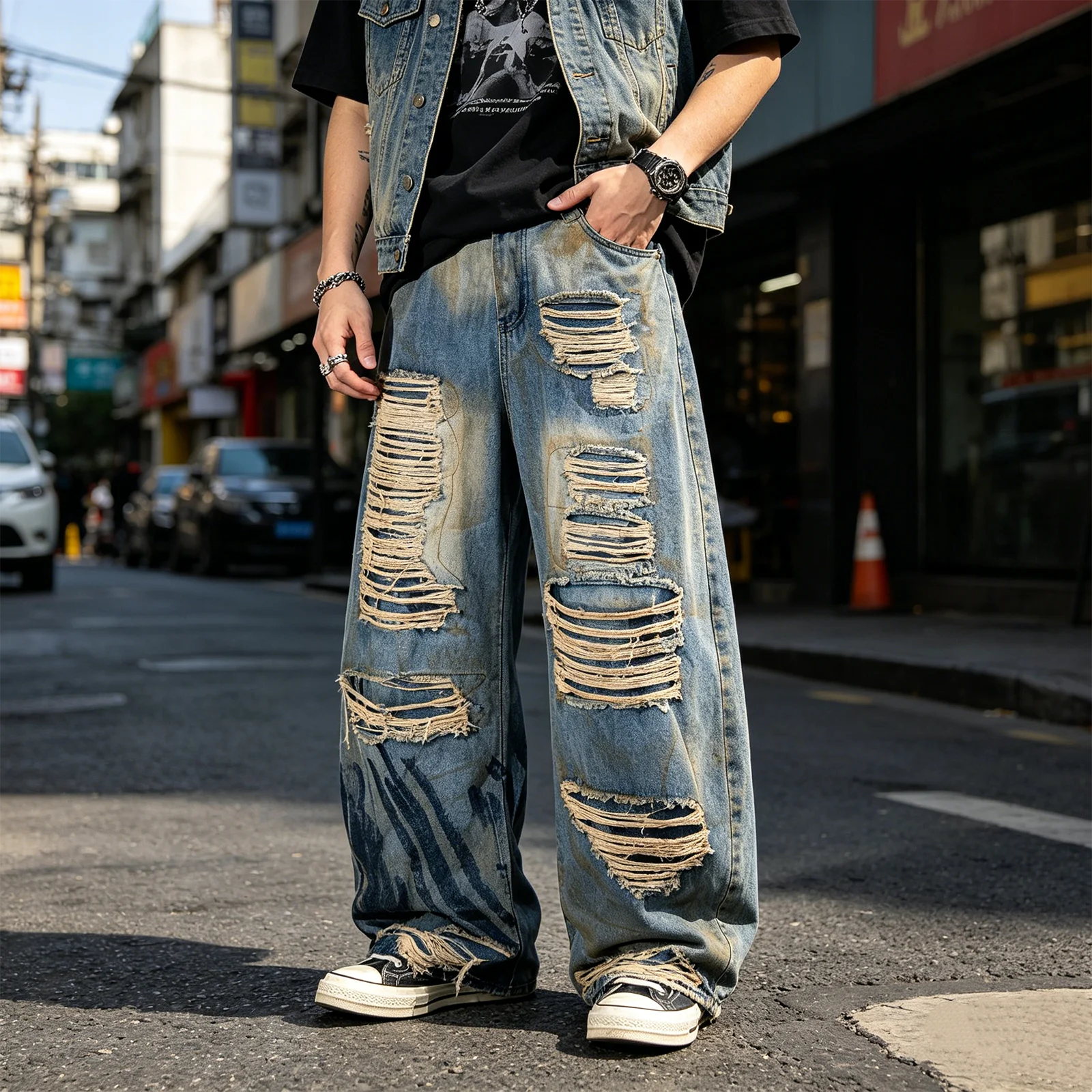 

Мужские винтажные джинсы Y2K с эффектом потертости и рваными элементами, широкие, в стиле стритвир, с эффектом поношенности, с большими дырками, в стиле хип-хоп, из денима, с изогнутым кроем штанин