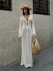 2024 Sexy Summer Autumn Knit Mesh Beach Cover Up V-Neck Long Flared Sleeve Cut Out Party Beach Maxi Dress Chic Slim Tunic A2882