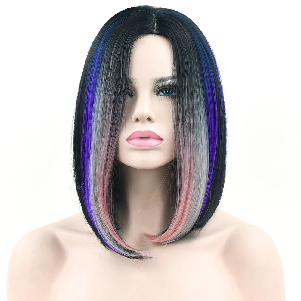 Soowee Synthetic Hair Pink Purple Grey Ombre Hair Short Bob Short Violet Wigs Straight Hair Lolita Cosplay Wig for Women