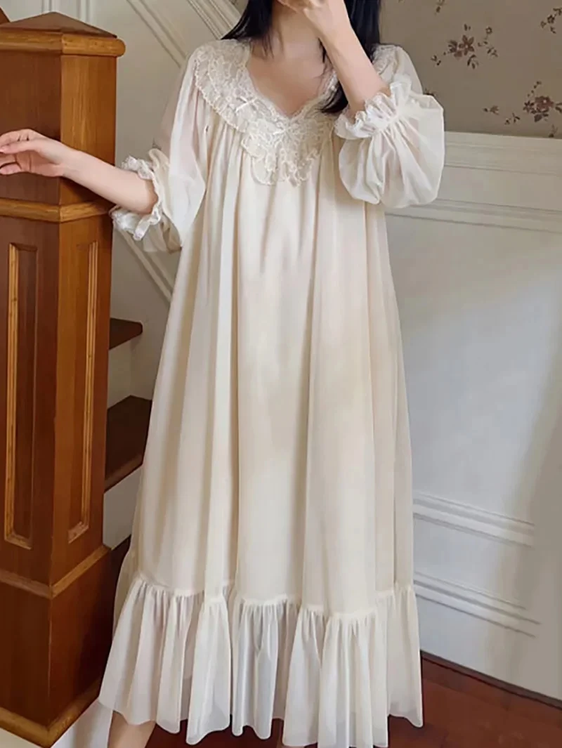 French Fairy Mist Mesh Sleepwear Nightdress Women Pure Cotton Robe Princess Ruffles Dress Summer Romantic Victorian Nightgowns