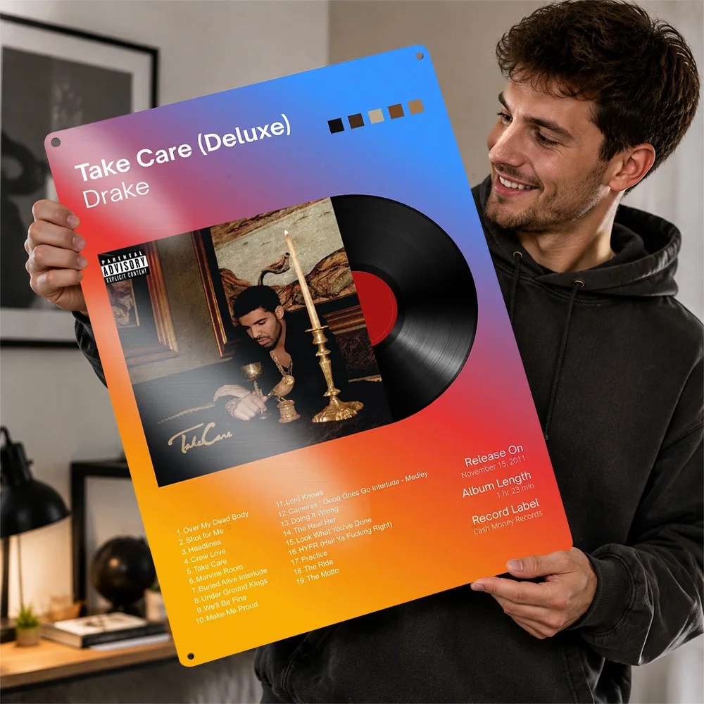 Drake Take Care Deluxe Blue Album Textured Poster Customized Metal Tin Sign Modern Performer Tribute Wall Art Enhances Bedroom