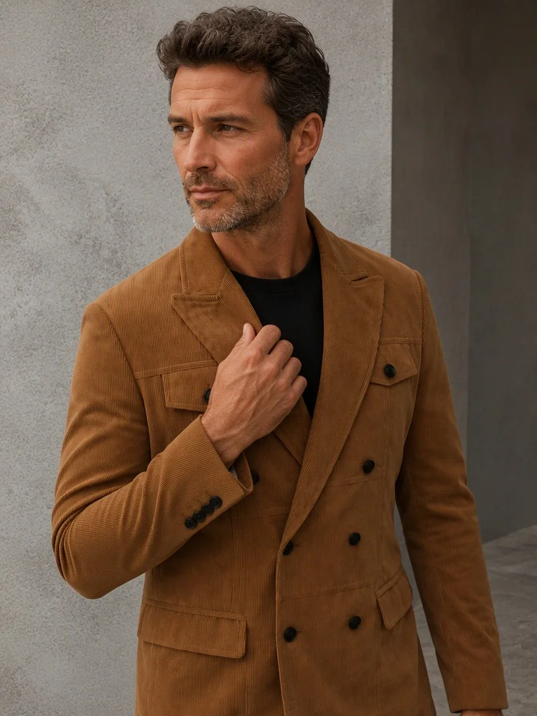Men's Brown Corduroy Blazer Notch Lapel Double‑Breasted Multi‑Pocket Slim Suit Jacket for Business Casual Daily Party Occasions