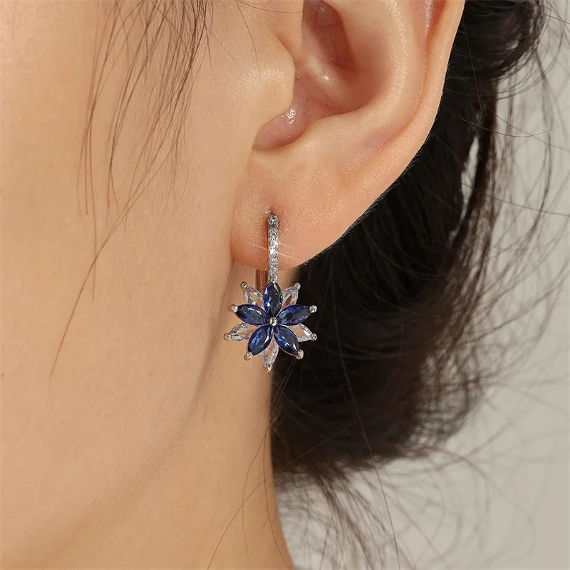 Uilz Korean Blue Cubic Zircon Crystal Flower Cute Dangle Earrings for Women Party Fashion Jewelry Accessories