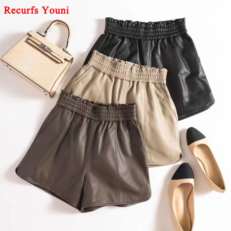 Leather Booty Shorts Women Harajuku Sheep Skin Elastic High Waist Slit Black/Auburn Casual Boots Short Mujer Wide Leg Streetwear