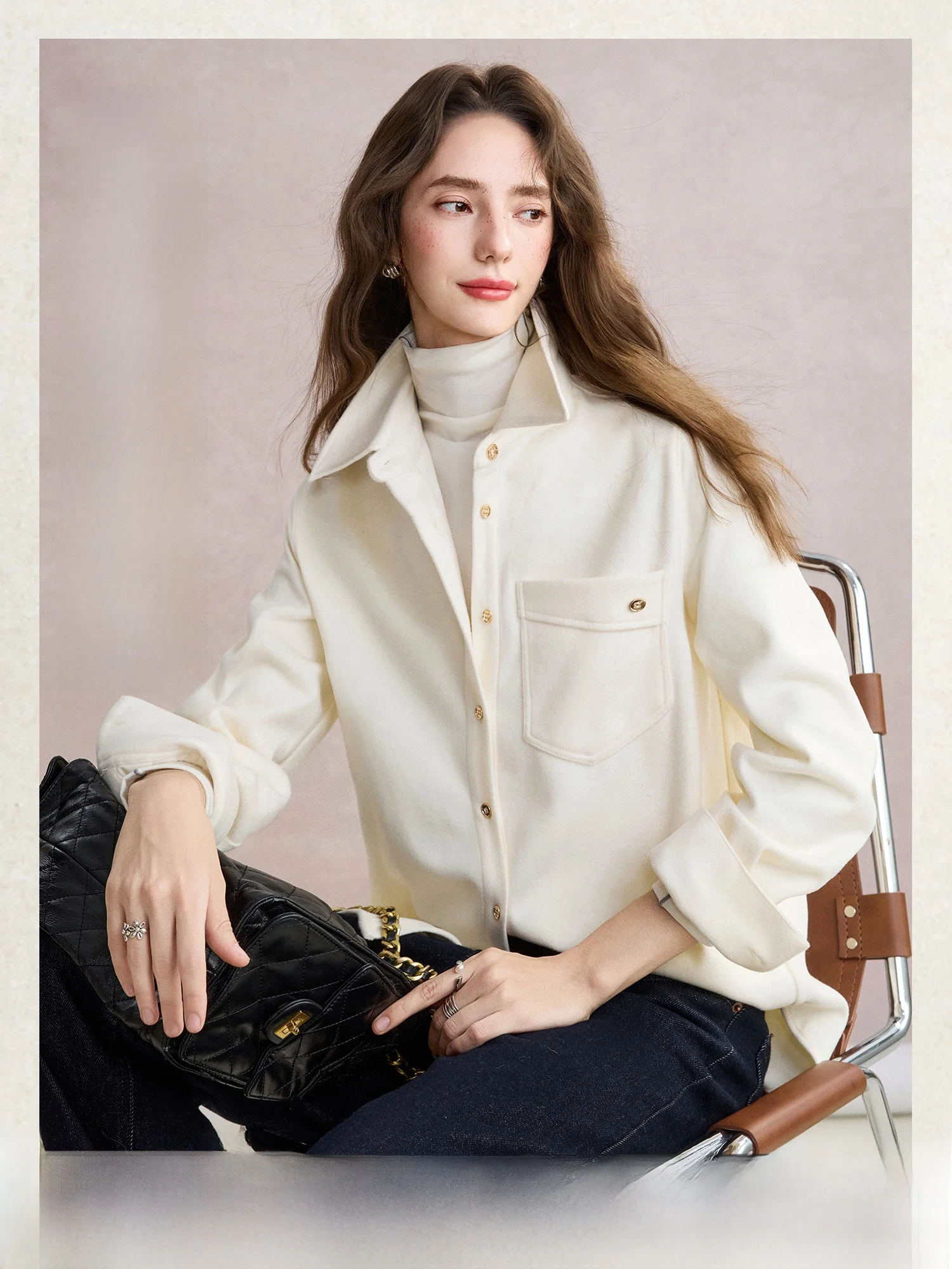 

Classic Casual Wool Blend Women's Shirt Simple Versatile Top Pumpkin Valley Lightweight Career Style Long Sleeve Flannel