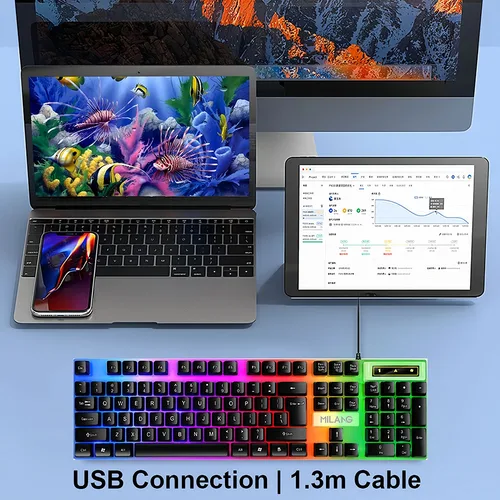 Imagen 2 del producto Teclado con cable USB de 104 teclas, teclado RGB para juegos, Cable de 1,3 M, teclado de membrana de sensación mecánica para PC, portátil, Windows y IOS