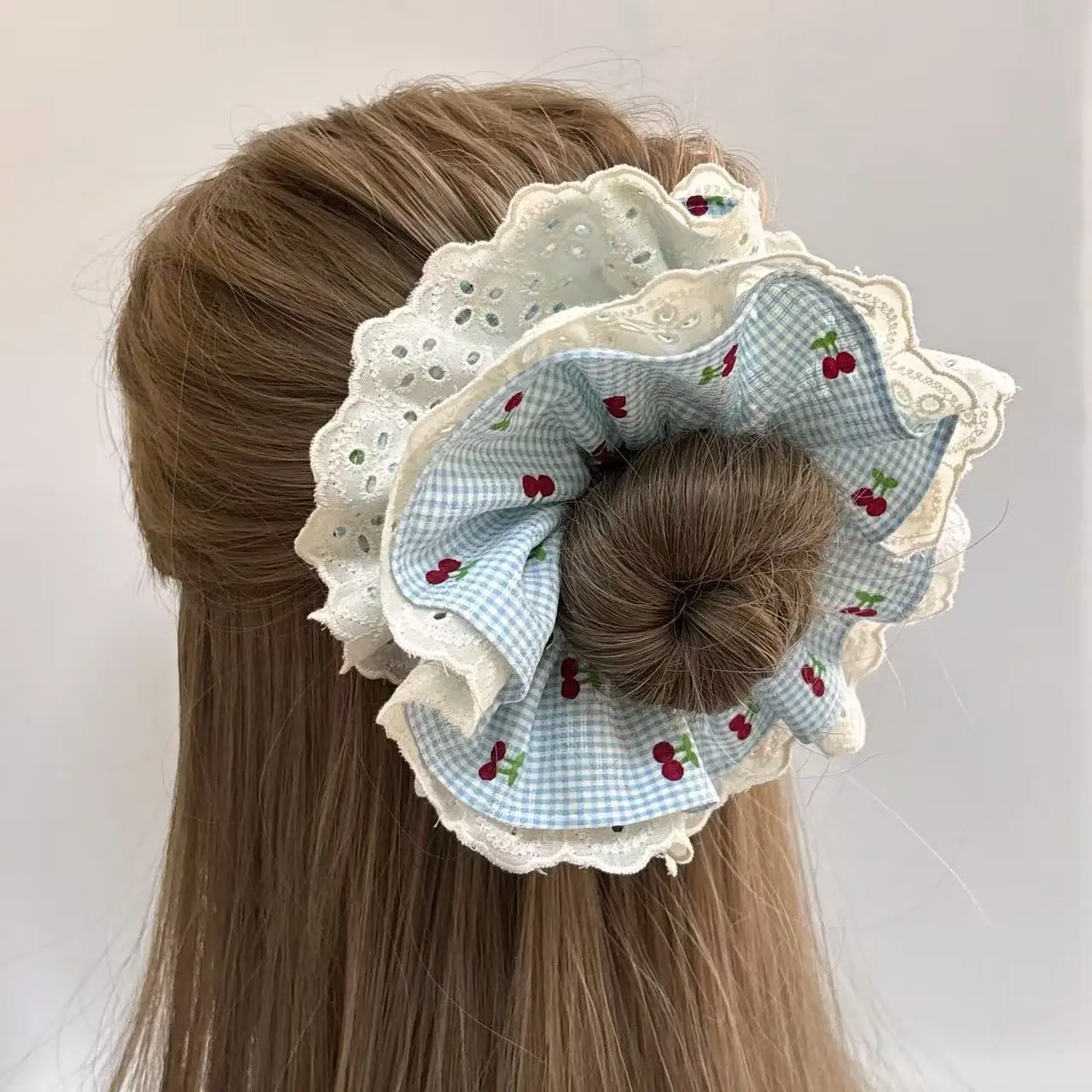 

Korean Style Cherry Print Fabric Lace Hair Scrunchies For Women Girls Ponytail Holder Hair Ties Elastic Hair Rope