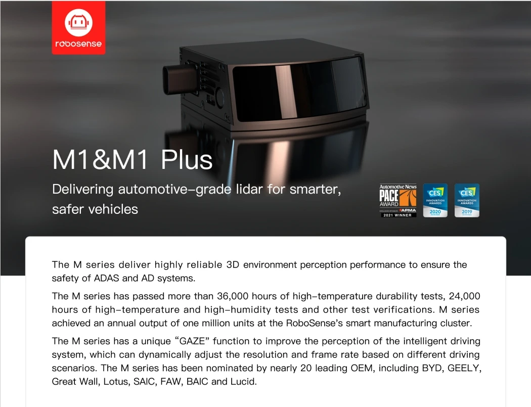 2026 Hot Sale 2026 Hot Sale Multi-line Scanningautonomous Driving Sensor Robosense RS-LIDAR-M1 PLUS Vehicle Grade 126 Channel
