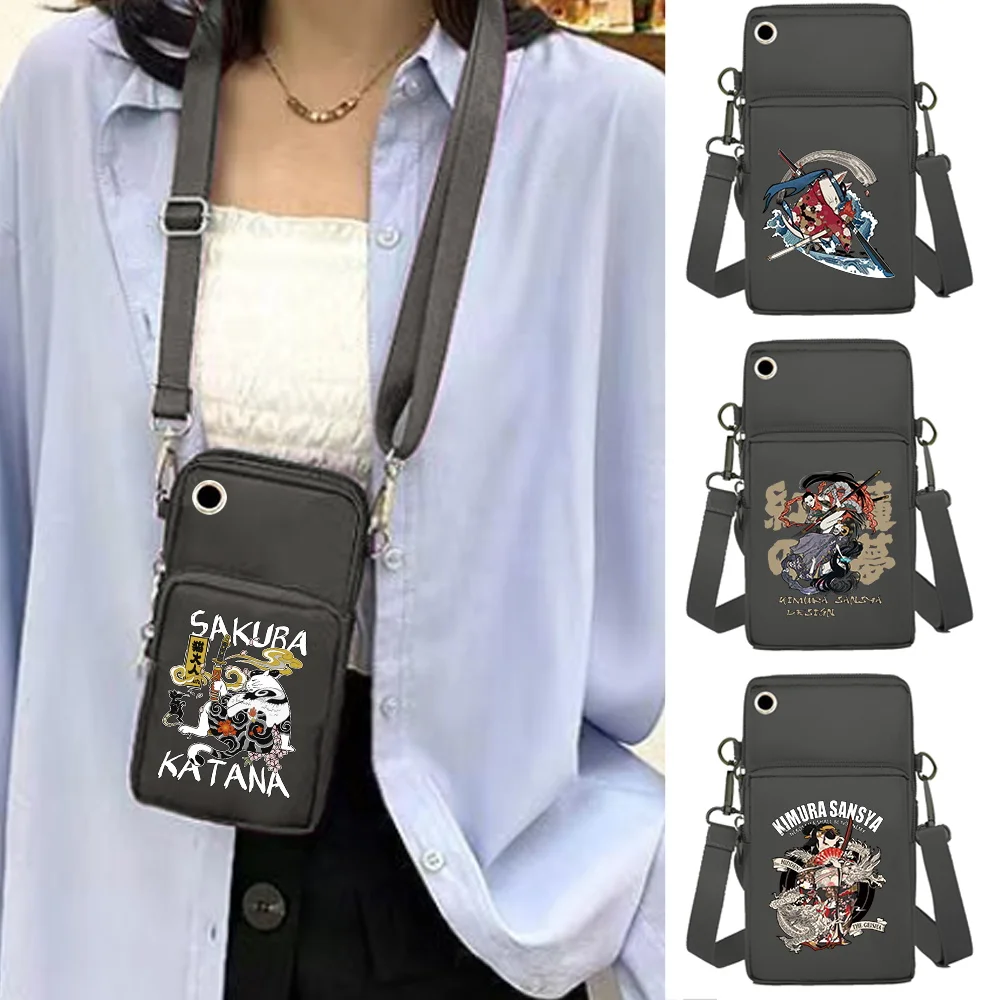 Universal Mobile Phone Bag Wrist Pack Wallets Card Holder Samurai Print Shoulder Bags for Apple/Huawei/Samsung Cell Phone Packet