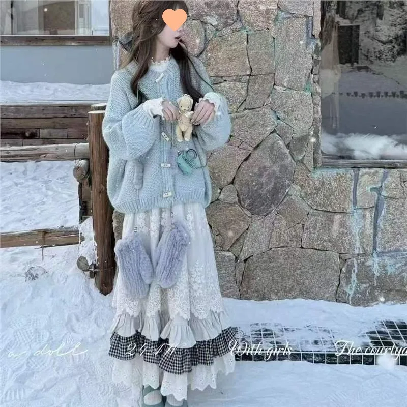 

Women Sweet Vintage Mori Girl Style High Waist Splicing Plaid Long Skirt Winter New Korean Fashion Beige Lace Kawaii Maxi Skirts