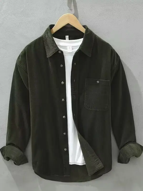 

Мужская осенняя повседневная тонкая вельветовая рубашка с длинным рукавом, винтажным воротником, на пуговицах, молодежная модная верхняя одежда приталенного кроя