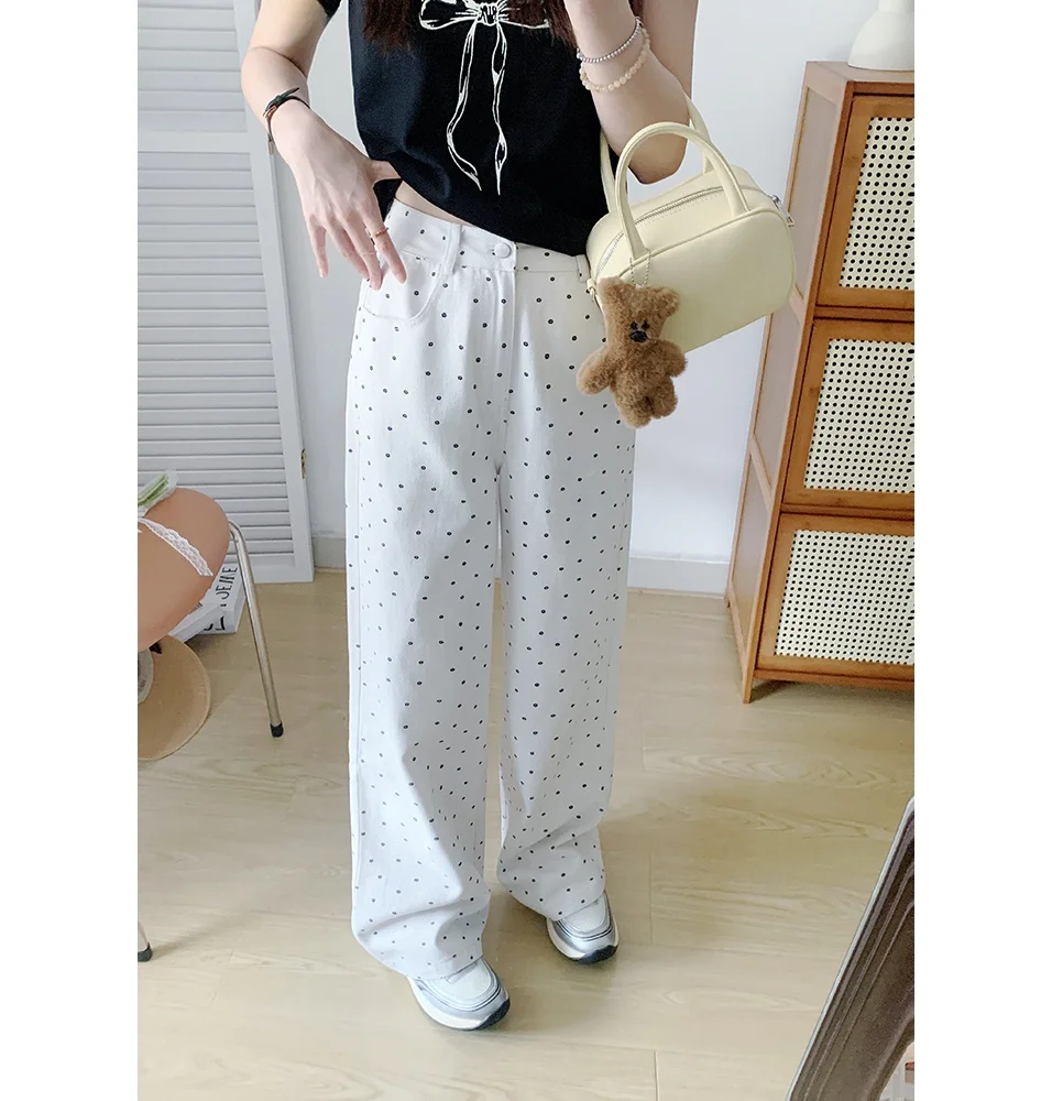 

Белые брюки в горошек UVPU, повседневные брюки для женщин, брюки с точечным узором, женские брюки на весну и осень, модные удобные брюки