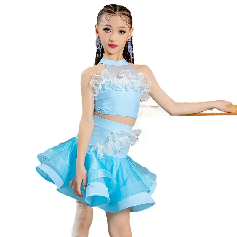 meisjes Latin dansjurk, Latin dans1 stuk/Baggio kinderen en kostuum, Sasha kostuum, zwart en blauw ballroom tango jurk