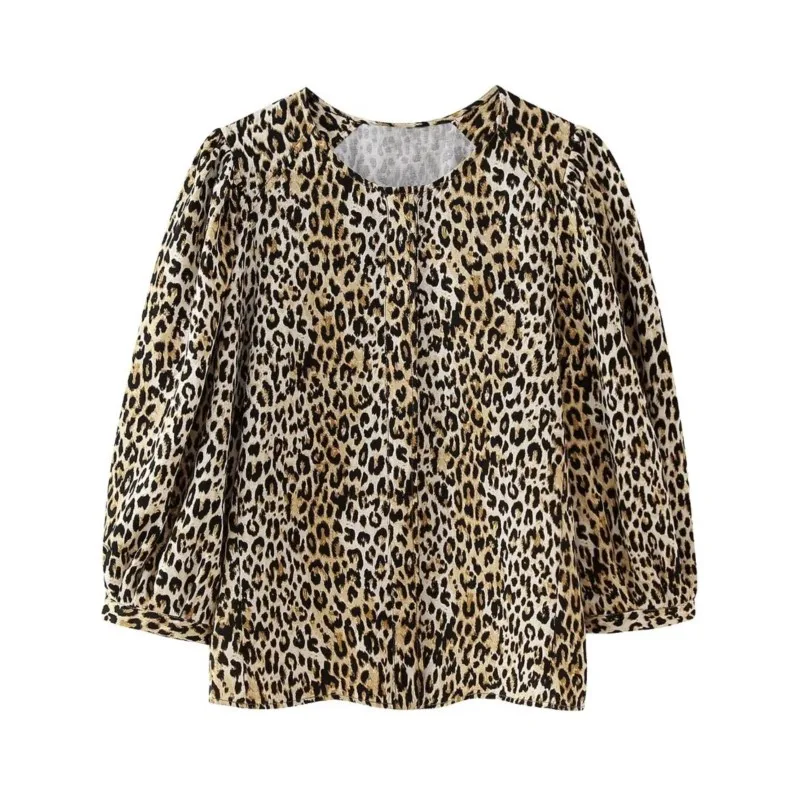 

Leopard Print Shirt For Women With Spring Summer Elastic Cuffs Tops Fashion Style Loose Blouses Three-quarter Sleeve Shirts