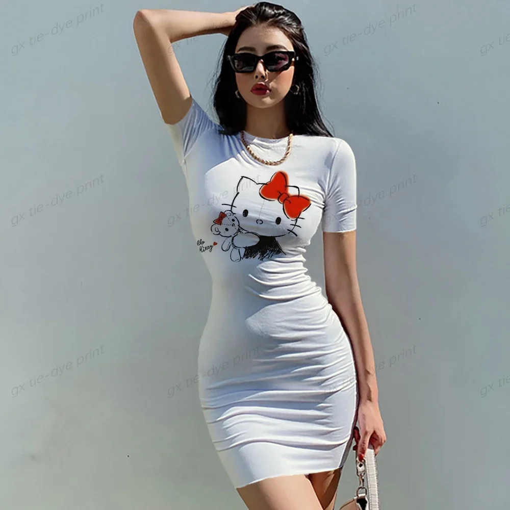 Hello Kitty Print Zomerjurk Sexy O-Hals Casual Nauwsluitende Off-Shoulder Korte Bodycon Stretchy 2023 Jurk Vrouwen