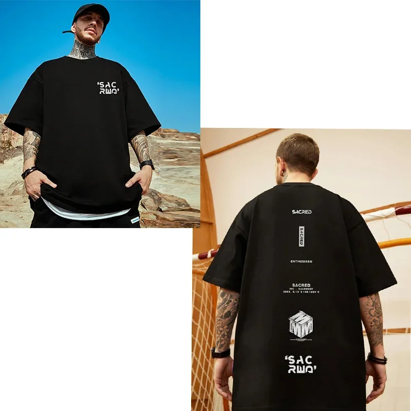 American Letter SACRED Print Tee Shirt for Men Hip Hop Breathable Cotton T-Shirt 2024 Summer Casual Short Sleeve Streetwear Tops