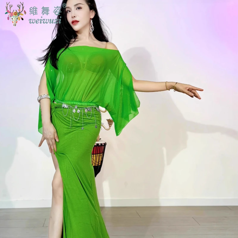 ベリーダンス衣装女性のための半袖トップ + ロングスカート 2 個ベリーダンスメッシュスーツ女性オリエンタルダンスパフォーマンス衣装