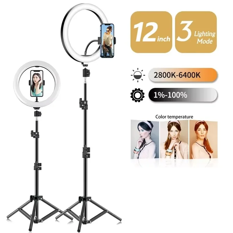 Anillo de luz LED regulable con trípode, soporte para teléfono, control remoto Bluetooth, para fotografía, maquillaje y transmisiones en vivo