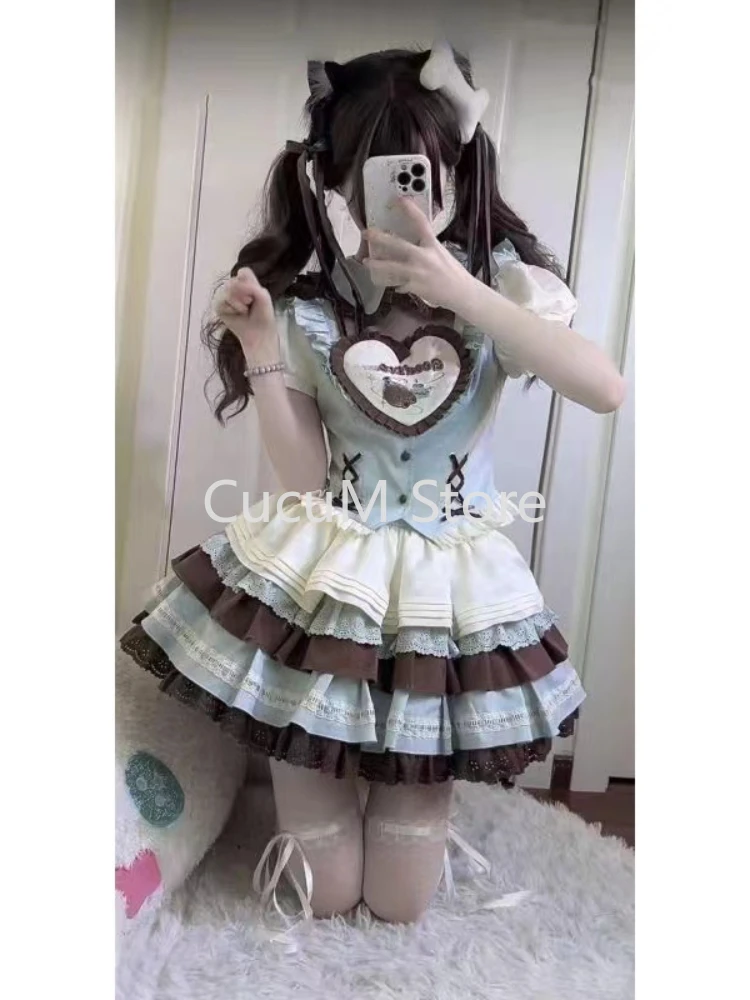 Japanese Style Sweet Lolita Set Women Kawaii Bow Shirt Tops Cute Y2k Cake Mini Skirt Girls Harajuku Princess Dress Outfits