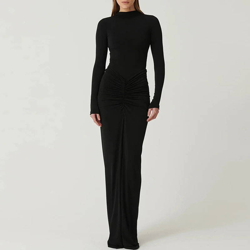 Women Casual Long Sleeve Slim Fit Party Dress Elegant Hight Waist Solid Maxi Dress Fashion Half Open Collar Pleated Long Dresses image 6