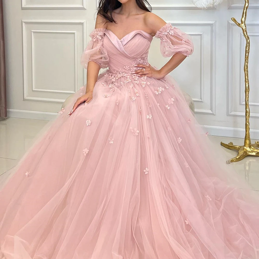 Dostosowane wykwintne aplikacje drapowane bez ramiączek długość podłogi linia A Vestidos De Fiesta Organza Off The Shoulder suknie typu Sweep Train