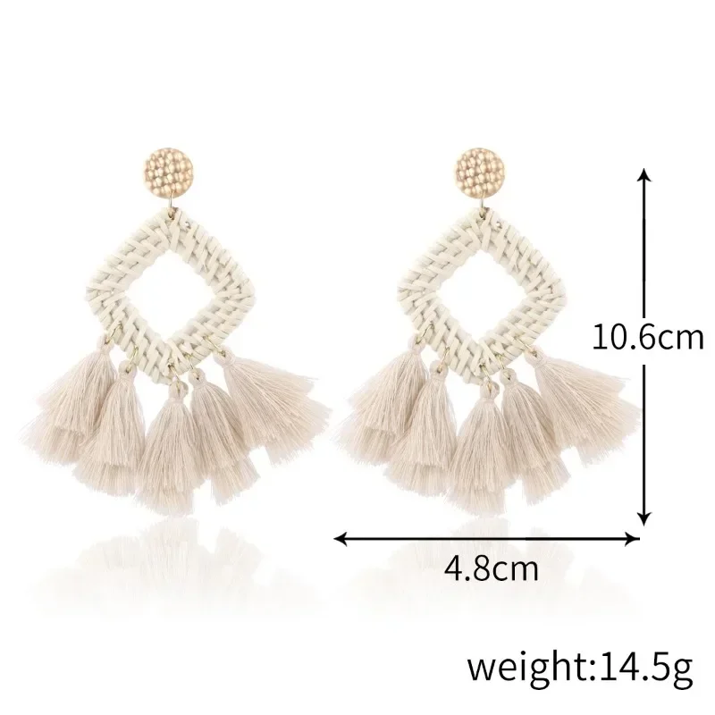 Bohemia White Brown Rattan Knit Raffia Drop Earrings for Women Handmade Geometric Round Summer Beach Earrings Jewelry