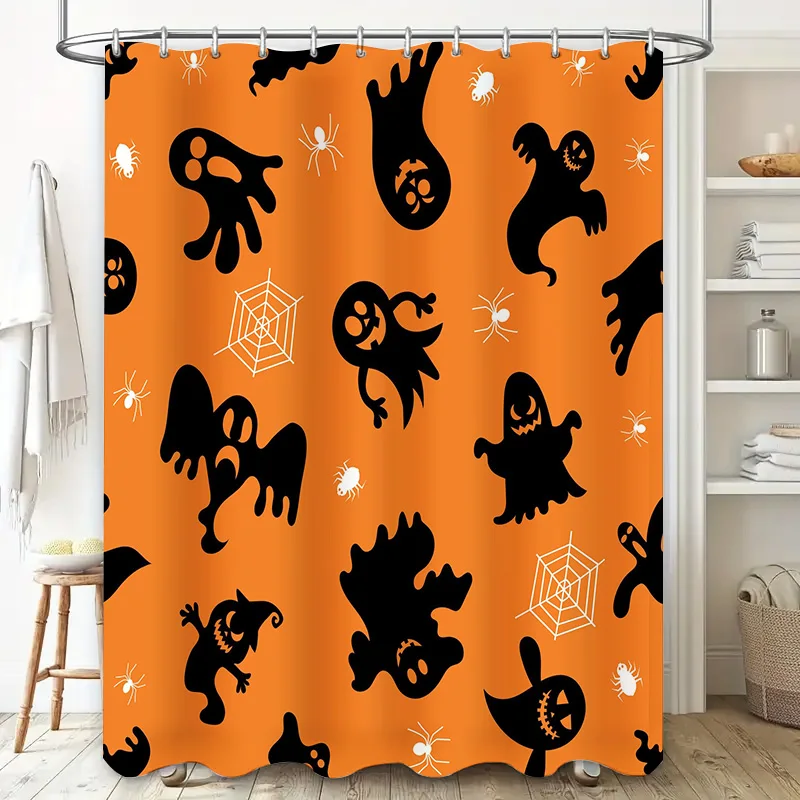 Halloween-themed shower curtain with black ghosts and spiders pattern for bathroom decor orange color (89x170cm)