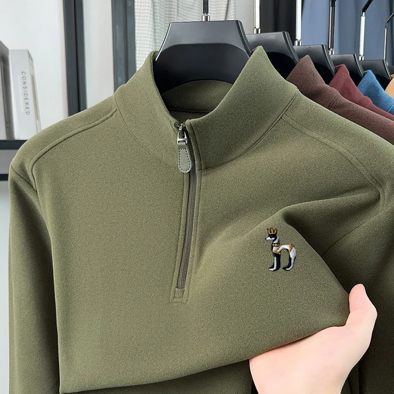 High Quality Men's Half Zip Stand Collar T-Shirt New Embroideryed Print Long Sleeved Solid Color Top Casual Exquisite Men's Wear