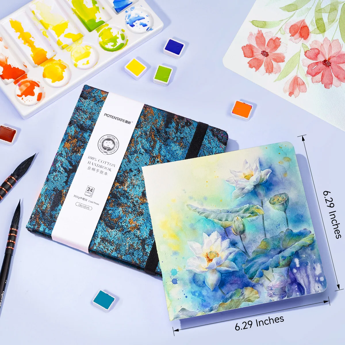 Lightwish Square Watercolor Journal,100% Cotton Cold Pressed 300gsm, 24 Sheets Watercolor Sketchbook for Artists and Students