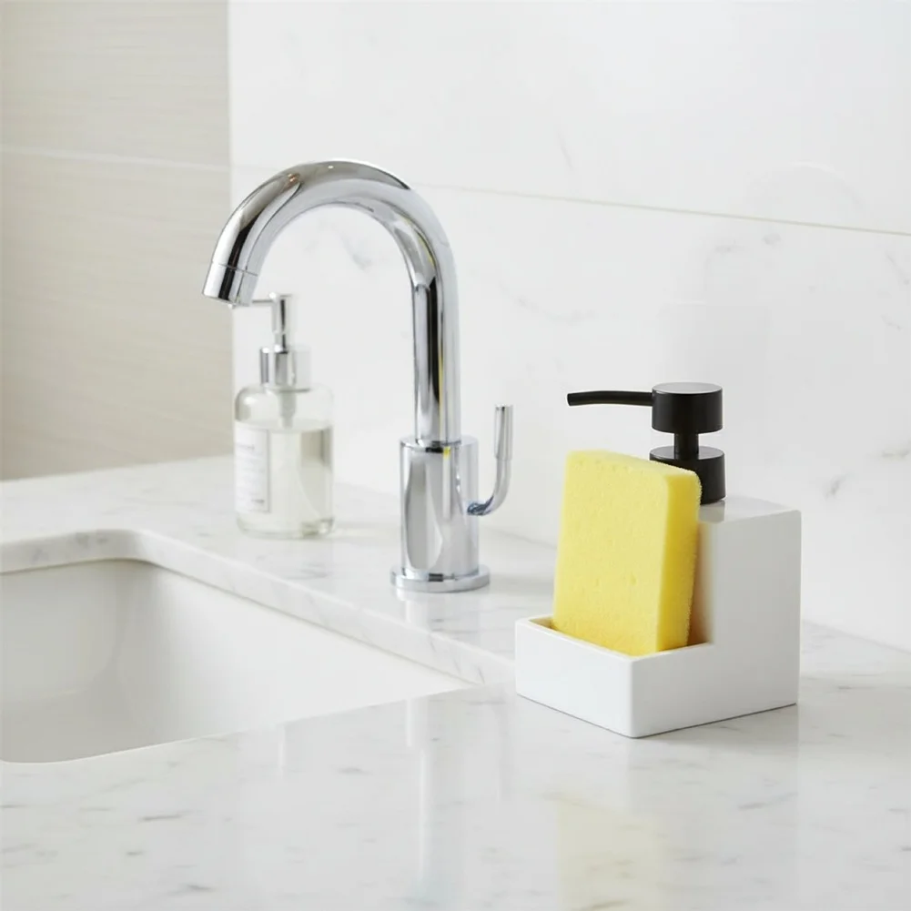 Square Shape Soap Dispenser 200ml White ABS Material for Bathroom For Kitchen Countertop Use with Wood Pulp Sponge