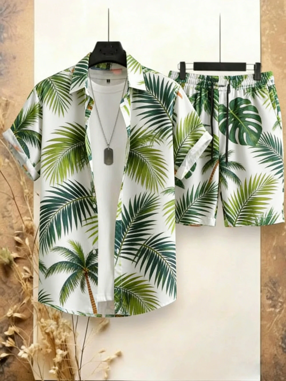 Men's new fashion short-sleeved shorts shirt suit beach coconut tree plant printed shirt Hawaiian vacation outdoor social clothe