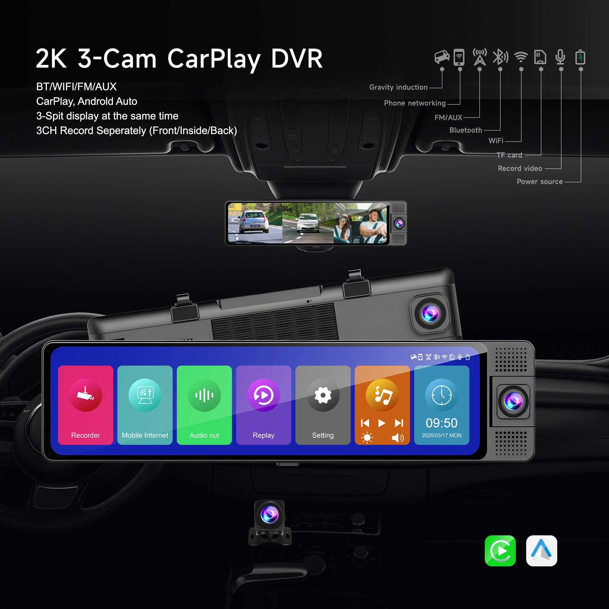 For SUNWAYI 3-Spit Display 11.26'' IPS Wireless Carplay Android Auto Front 2K Rear 1080P Dash Cam Streaming Media Car Mirror DVR