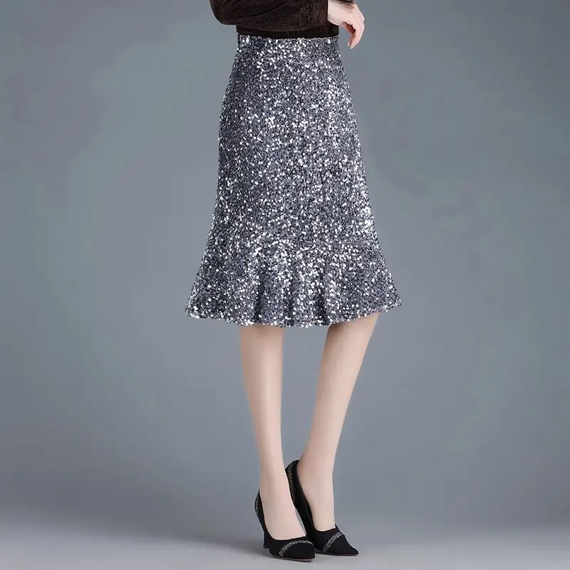 

Women 2024 Spring/Summer Pearl Shining Velvet Mid Length Elegant A-Line Skirt