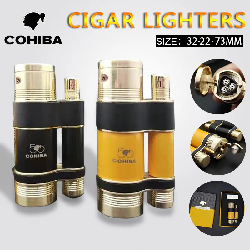 

Cohiba Luxury Cigar Lighter Windproof Inflatable Gas Flint Jet Flame Lighter Griding Wheel Cigarette Lighter Smoking Accessories