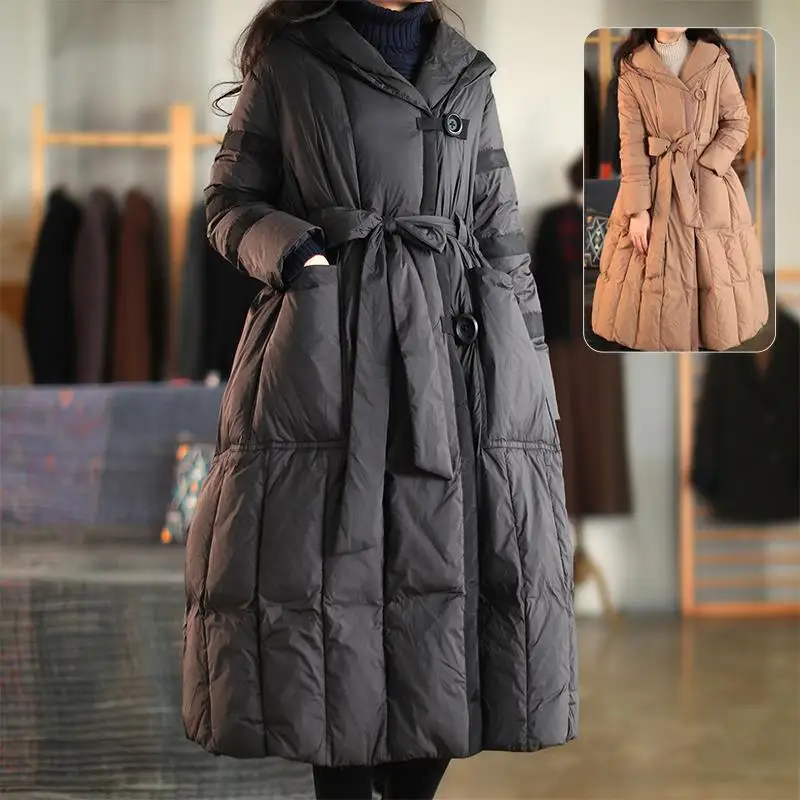 Long Down Coat For Women Winter Drawstring Lace-Up Oversized Loose Hooded Puffer Parkas Winter Fashion Warm Overcoat Female