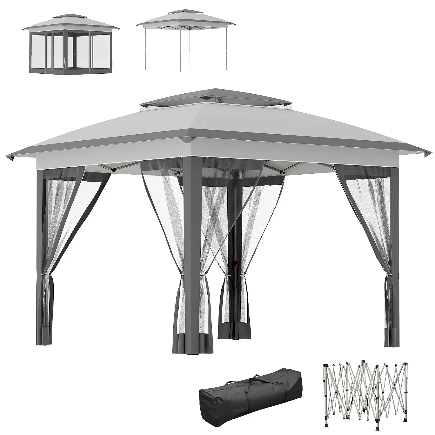 12' x 12' Pop Up Canopy Tent w/Netting and Carry Bag, Gray, Customized